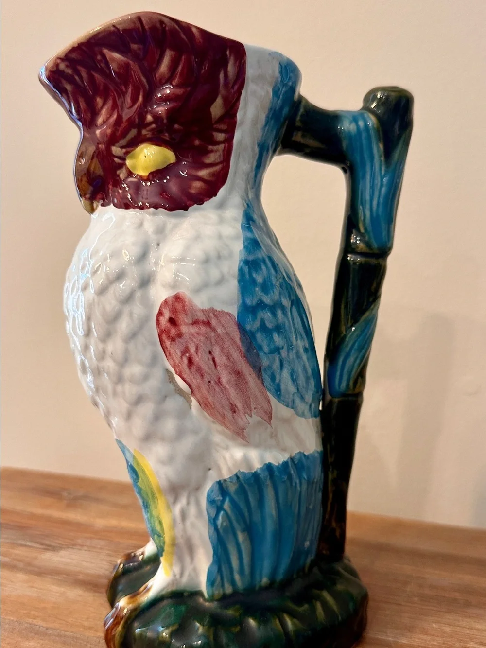 Vintage Majolica Parrot Cockatoo Bird Pitcher Jug Bamboo Handle